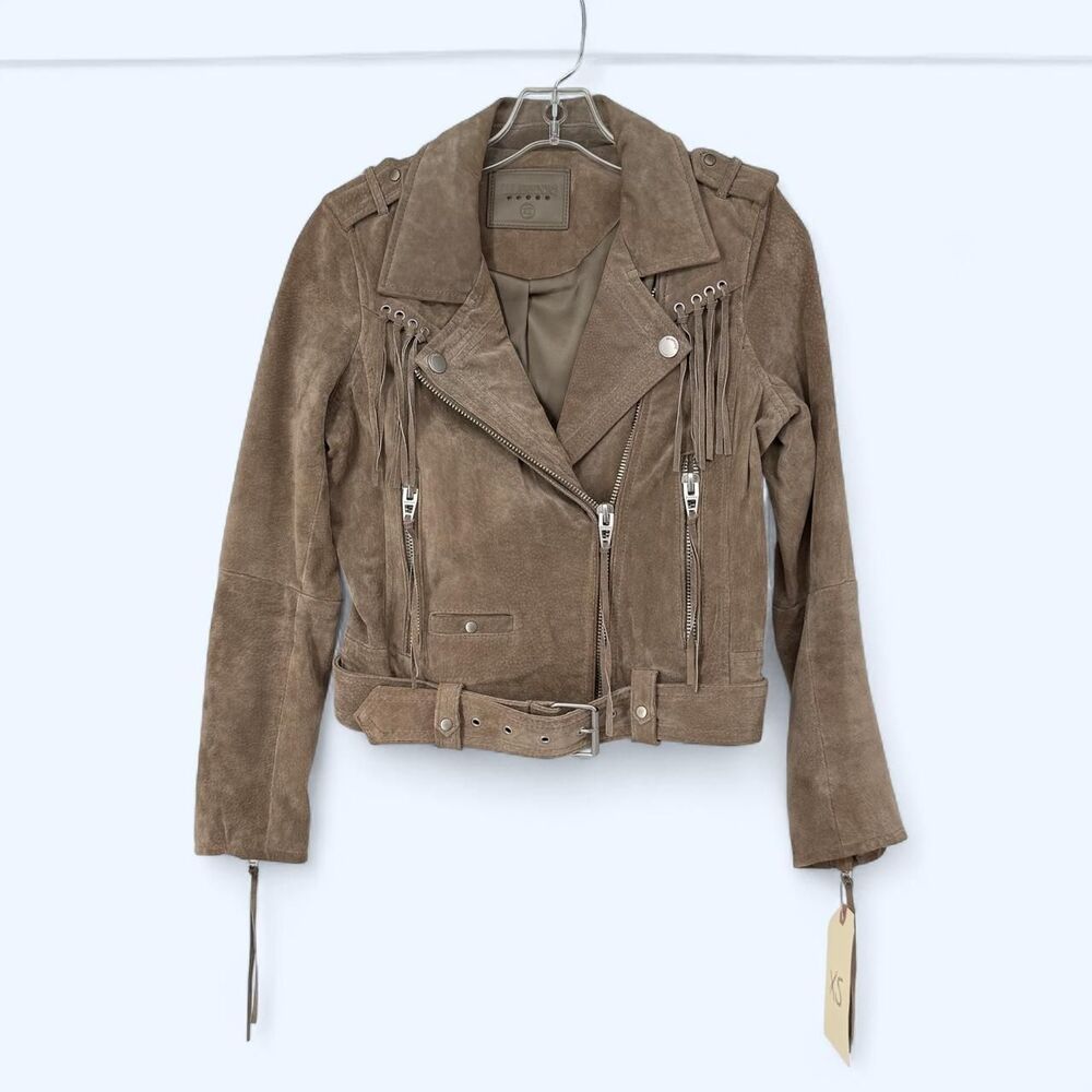 Western Suede Fringe Moto Biker Jacket Asymmetric Belted Cowboy Taupe Coat